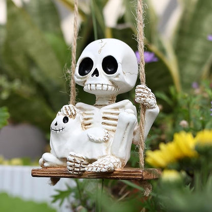 Swing Skeleton Holding Ghost Cat Garden Statue Outdoor Halloween Decor, 3.15 Inch Cute Skull Figurine Resin Sculpture Funny Tree Hanging Ornaments for Patio Lawn Yard