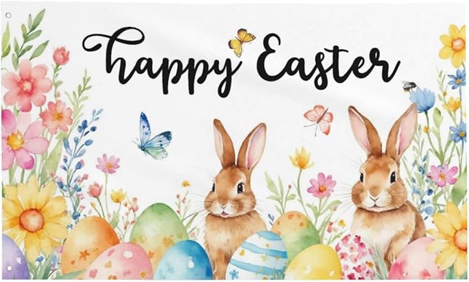Happy Easter Flag with Bunnies and Eggs, 3x5 FT, Polyester with Metal Grommets, Spring Floral Butterfly Design, Double Sided, Indoor Outdoor Decoration
