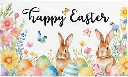 Happy Easter Flag with Bunnies and Eggs, 3x5 FT, Polyester with Metal Grommets, Spring Floral Butterfly Design, Double Sided, Indoor Outdoor Decoration