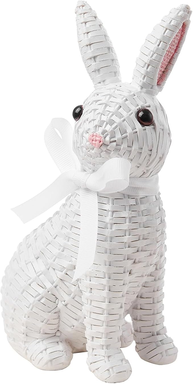 Rattan Rabbit Bow Resin Ornament (8.1in White Seat, Multi Color) for Home Decoration and Easter Gift