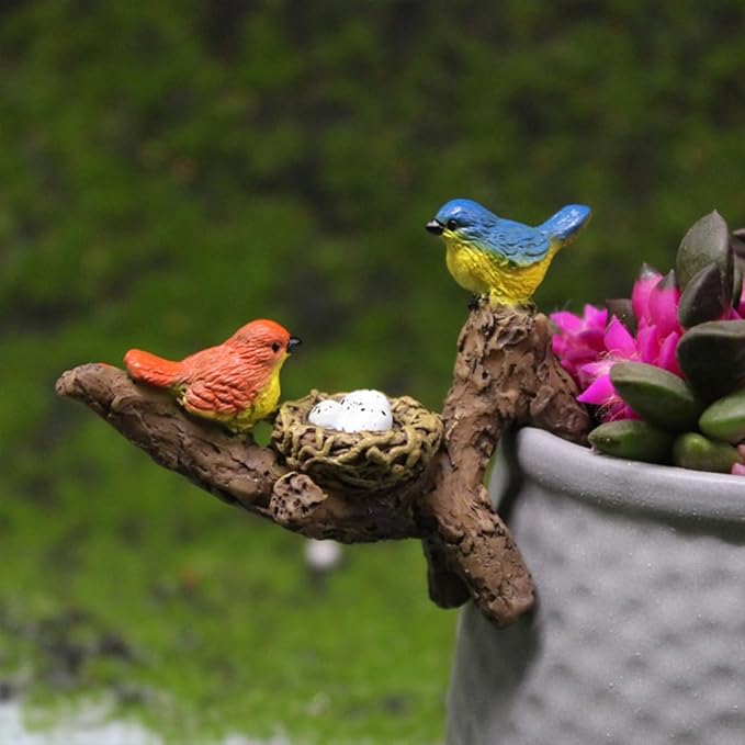 Birds Perched on Branches Flower Pot Hugger Figurines Mini Resin Birds Fish Tank Hanging Decoration Aquarium Ornament for Bonsai Planter Terrarium Garden Decor (Bird)