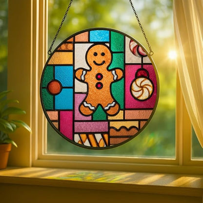 Stained Glass Window Hanging - Christmas Color Block Gingerbread Cookie with Peppermint Ornaments Sun Catchers Panel for Indoor Decorative Display for Mom,Wife,Lovers,Festive