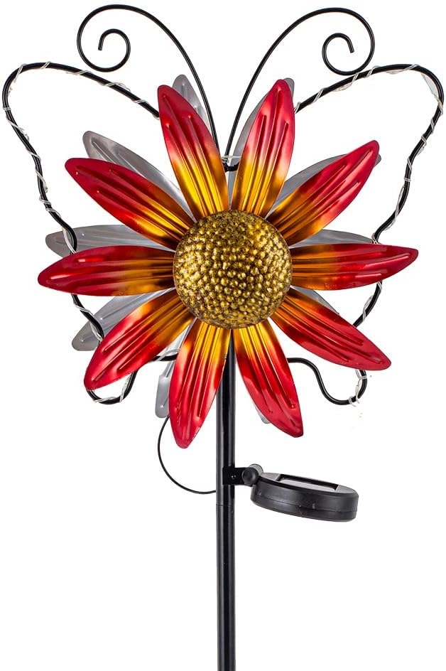 Solar Wind Spinners Outdoor,Butterfly Garden Windmill Metal Flower Wind Sculptures for Yard Art Lawn Decor(Red)