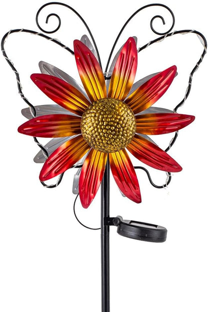 Solar Wind Spinners Outdoor,Butterfly Garden Windmill Metal Flower Wind Sculptures for Yard Art Lawn Decor(Red)