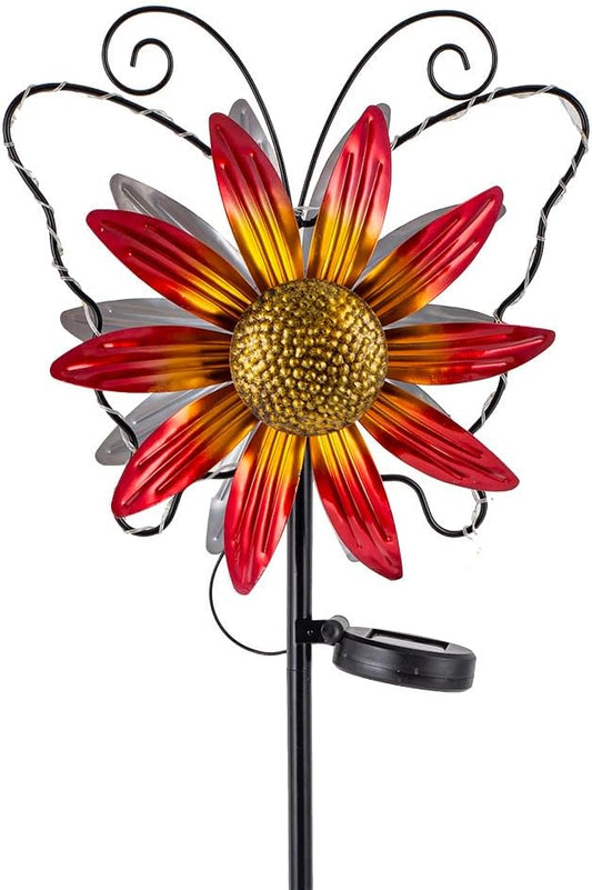 Solar Wind Spinners Outdoor,Butterfly Garden Windmill Metal Flower Wind Sculptures for Yard Art Lawn Decor(Red)