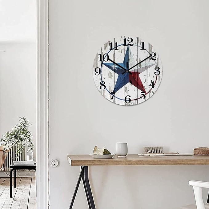 15 Inch Round Wall Clock Western Texas Star Decorative Wall Clock Retro Wood Clock Non-ticking Battery Operated Quiet Easy to Read Vintage Desk Clock for Living Room Farmhouse School Home Decor