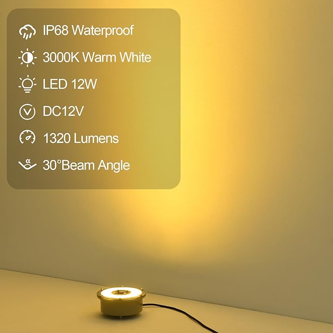 Fountain Light 12W 12V DC Warm White Waterproof Grade IP68 LED Spot Light Landscape Lighting Suitable for Fountains, Waterfalls,Pond and Grass Land（Not Include 12V Transformer）