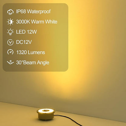Fountain Light 12W 12V DC Warm White Waterproof Grade IP68 LED Spot Light Landscape Lighting Suitable for Fountains, Waterfalls,Pond and Grass Land（Not Include 12V Transformer）