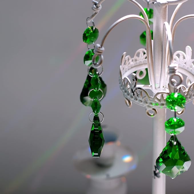 20pcs Crystal Maple Leaf Chandelier Prisms Replacement Pendant Connected Glass Octagon Beads Chain for Chandelier Christmas Decoration 38mm (Mid Green)