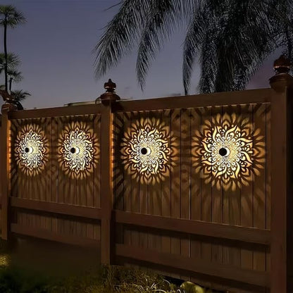 2PCS Decorative Solar Mandala Lights, Solar Powered Outdoor Deck Step Wall Lights, Metal Mandala Theme LED Waterproof Fence Light, for Garden Post Patio Backyard Yard Decor
