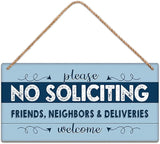 SCAZOMV Please No Soliciting Friends Neighbors Deliveries Welcome Thank You Funny Rustic Wood Front Door Sign Vintage Outdoor Wall Art Hanging Plaque Porch Yard Home Farmhouse Decor 10''x 5''