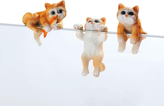 3 Pcs Resin Hanging Cat Figurines Planter Pot Hanger Miniature Fairy Garden Terrarium Edge Decor Flower Pot and Vase Hugger Hanging Animals Ornaments for Patio, Yard, Balcony