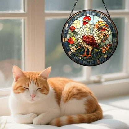 Stained Glass Window Hanging - The Golden Rooster Stared Ahead 6.3 Inches Suncatcher for Garden Home Decor for Women Mon Grandma Friends