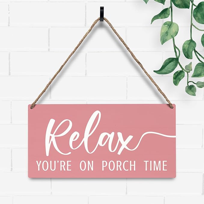 JXREQ Pink Wall Decor Door Sign Relax You're On Porch Time, Front Door Outdoor Porch Wood Hanging Sign for Home Backyard Patio, 12x6 Inch