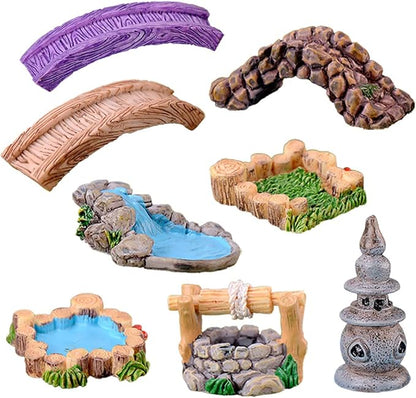 MAOMIA 8 Pcs Mini Lighthouse Water Well Bridge Figurines Miniature Gardening Pool Lawn Running Water Terrarium Stone Bridge Figurine Micro Landscape Indoors Outdoors Decorative Accessory