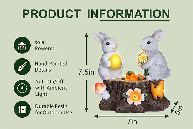 Garden Statues Rabbit with Solar Lights Bunny Figurines Outdoor Decorations for Home Lawn Patio Balcony Backyard for Women Mom Grandma Easter or Birthday