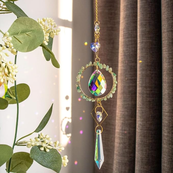 Crystal Suncatchers Window Hanging Wind Chime Natural Fluorite Amethyst Pendant Ornament,for Home, Garden Tree Plants, and Meditation Decor (Green)