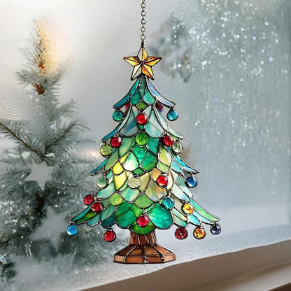 Mosaic Style Christmas Tree Ornaments Acrylic Suncatcher Stained Glass Effect Window Car Hanging Christmas Ornament Indoor Outdoor Decor Garden Sun Catcher Panel for Women Mom Grandma