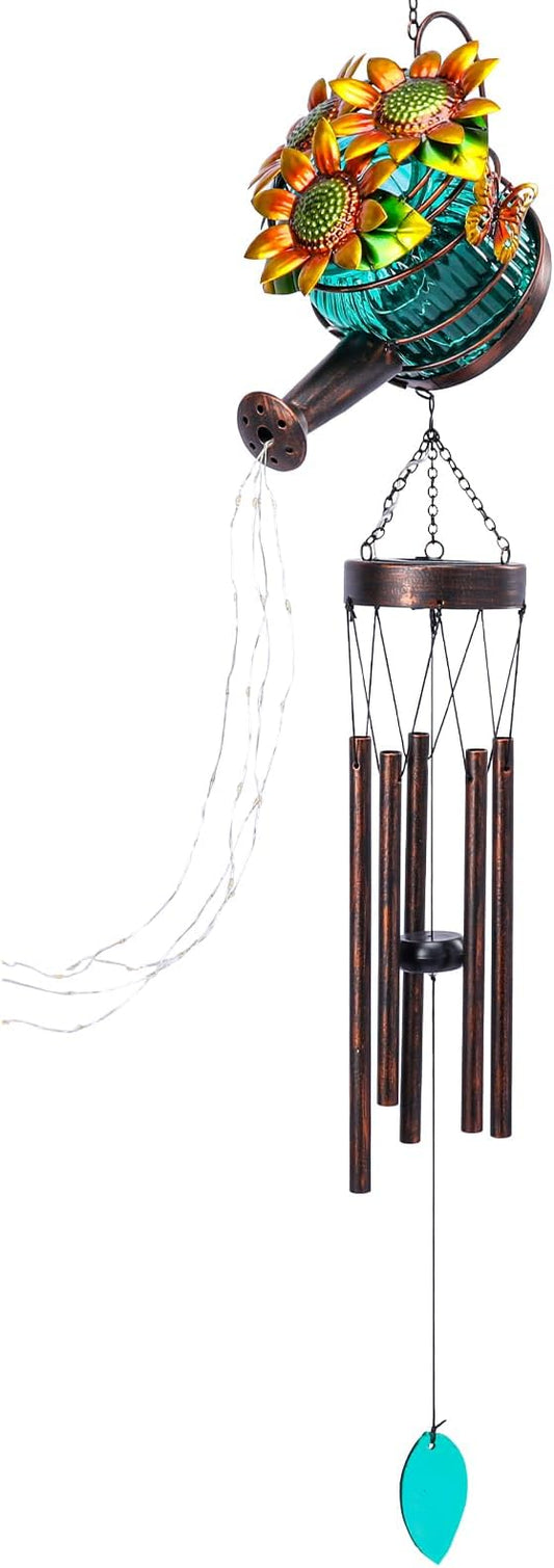 MUMTOP Solar Wind Chimes for Outside - Solar Watering Can Wind Chimes Outdoor Unique with String Warm Light, Glass Windchimes Clearance for Garden, Patio,Yard Decor Gift