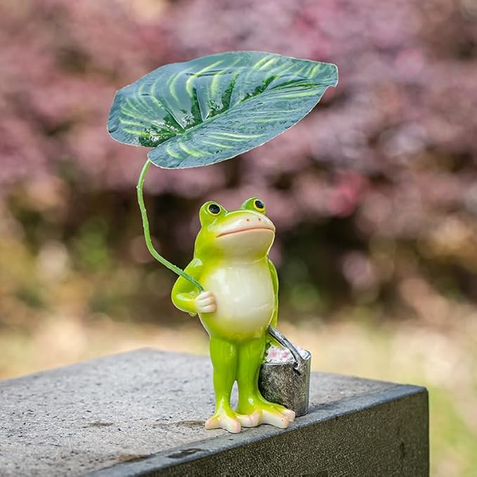 Adorable Animal Garden Statue with Umbrella - Charming Outdoor Decor for Yard, Patio, or Garden (Frog Carrying a Bucket)