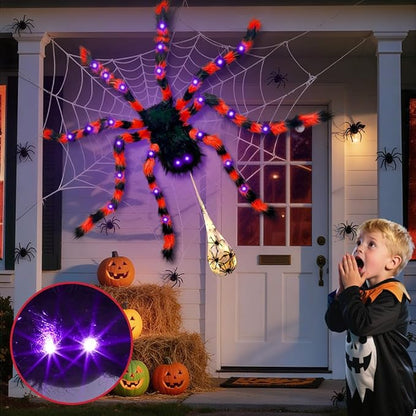 3-in-1 Large Halloween Spider Decorations Set, 50" Huge Spider Hanging with 20" Light Up Spider Egg Totally 36 LEDs Lights Battery Operated Fake Spiders Halloween Decors for Yard Home Party