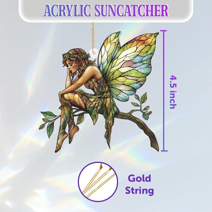 Stained Glass Fairy Ornament – Acrylic Suncatcher Window Hanging, Woodland Fantasy Decor, Christmas Tree Ornament 2026, Car Rearview Mirror Charm, Gift for Fairy Lovers, Women, Girls, Teachers(Sun-10)
