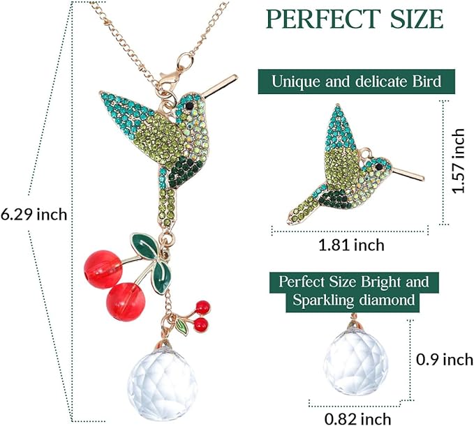 Crystal Hummingbird Sun Catcher with Rhinestones – Sparkling Prism Hanging Ornament for Window, Garden & Car Mirror, Cherry Crystal Décor and Gift for Women, Mom & Bird Lovers