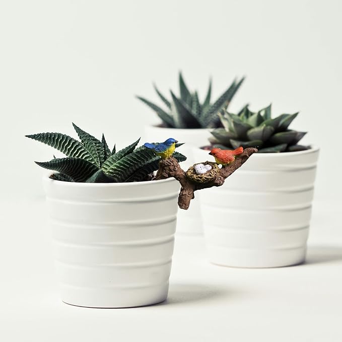 2Pcs Mini Brid Figurines Plant Pot Hang Decor Resin Bird's Nest Sculpture Decoration for Succulent Cactus Pots