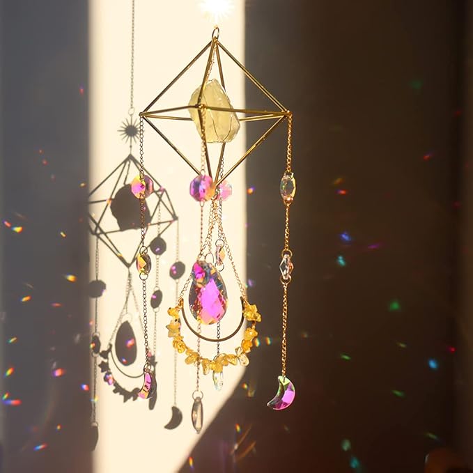Citrine Crystal Suncatchers Boho Decor, Valentine's Day Gift for Her, Light Catcher Stone, Glass Rainbow Maker, Crystal Window Hanging, Natural Gemstone (Citrine)