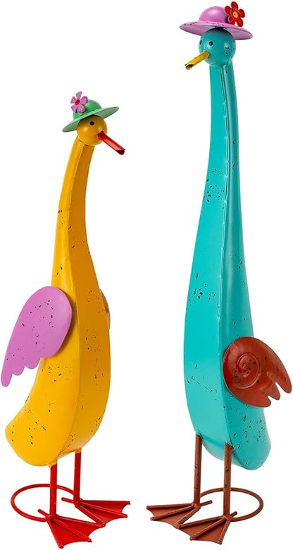 22" Duck Garden Statue Set of 2 Metal Ducks, Duck Outdoor Decor with Stakes Animal Yard Art Sculptures for Patio Porch Lawn Backyard