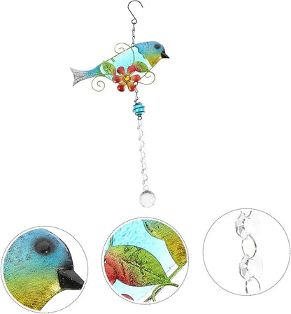 Glass Bird Statue Hanging Pendant Creative Songbird Sculpture with Lifelike Crystal Design Iron Garden Decor for Outdoor and Patio Decoration