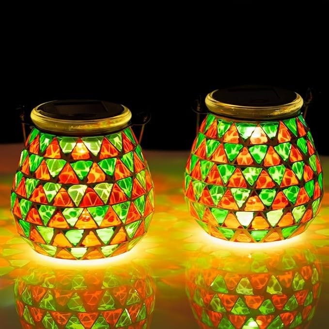 Starsoul 2 Pack Solar Lanterns Outdoor Waterproof, Vibrant Mosaic Hanging Solar Lights, Decorative Solar Lantern for Outside Garden Decor