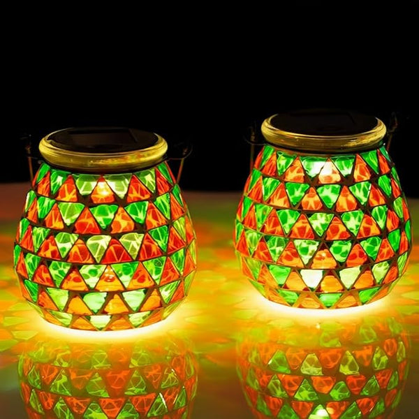 Starsoul 2 Pack Solar Lanterns Outdoor Waterproof, Vibrant Mosaic Hanging Solar Lights, Decorative Solar Lantern for Outside Garden Decor