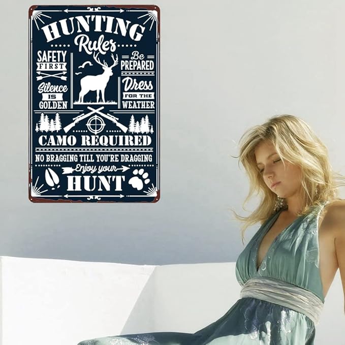 Hunting Rules Metal Tin Sign - Camo Required, Safety First - Deer Hunting Poster Vintage Warning Sign for Farmhouse Outdoor Yard Rustic Wall Decor 12x8 Inch