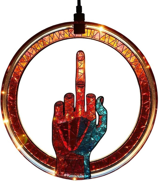 Middle Finger Suncatcher Color Stained Glass Window Hanging, Handmade Acrylic Funny Light Sun Catcher Indoor Outdoor Wall Hanger Ornament, Hand-Painted Glass Panel Decor for Home Office (A)