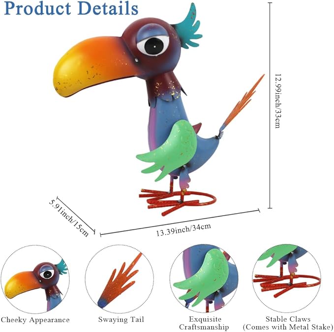 12'' Tall Metal Bird Garden Statue, Cheeky Metal Bird Sculpture Yard Art, Standing Bird Garden Decor for Outside, Lawn, Patio, Porch