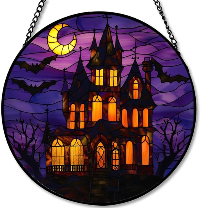 Stained Glass Window Hanging - 9.8in Haunted House with Moon and Bats Halloween Decor Sun Catchers Indoor Stained Glass Panels Wall Decor for Mom，Wife，Lovers，Festive