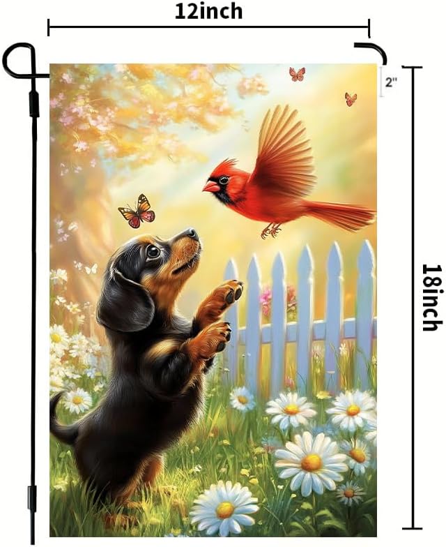 Spring Summer Garden Flags for Outside 12x18 Double Sided, Small Burlap Black Dachshund Dog Cardinal Floral Garden Flag Spring Summer Outdoor Yard Decorations