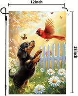 Spring Summer Garden Flags for Outside 12x18 Double Sided, Small Burlap Black Dachshund Dog Cardinal Floral Garden Flag Spring Summer Outdoor Yard Decorations