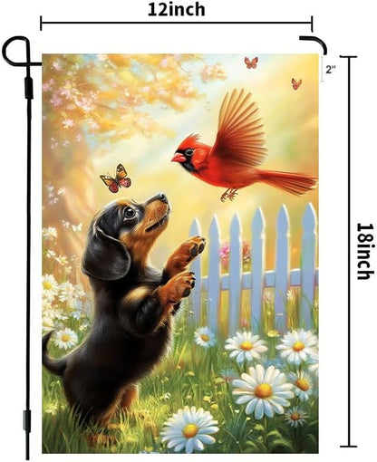 Spring Summer Garden Flags for Outside 12x18 Double Sided, Small Burlap Black Dachshund Dog Cardinal Floral Garden Flag Spring Summer Outdoor Yard Decorations