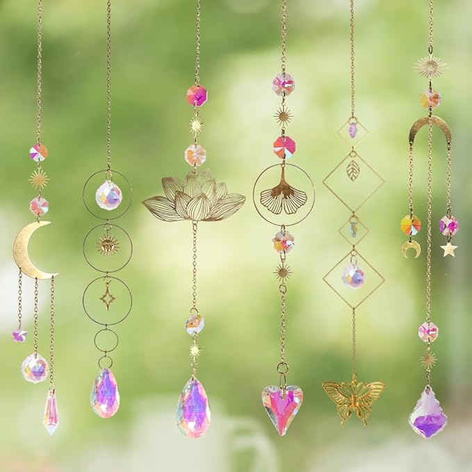 6pcs Crystal Suncatcher, Sun Catcher Hanging for Windows, Spiritual, Rainbow Maker, Crystal Indoor Garden Home Decor,Gemstone Prism（Set 1）