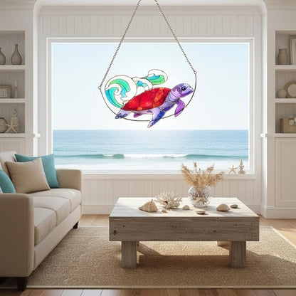 Sea Turtle Stained Glass Window Hanging, Ocean Sea Life Sun Catchers Indoor Panel, Nautical Suncatcher Decor for Home, Wall, Garden, Coastal Ornament Gift for Women, Beach Lovers