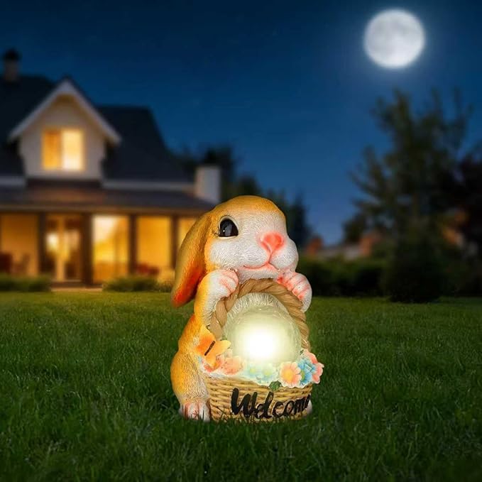 Solar Garden Welcome Statue with LED Light, Outdoor Decorative Animal Figurines, 8-10 Hour Working Time, Floral Basket Design, Lawn Yard Decor (Rabbit)