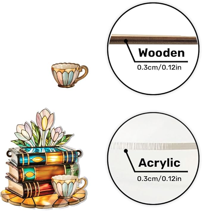 Jesuspirit - Window Hanging Suncatcher – Crystal Clear Acrylic & Wood Sun Catcher for Home Decor, for Women (Tea Cup and Library, 8 Inches)