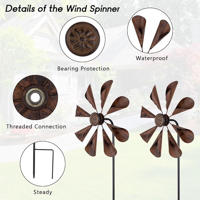 DREAMYSOUL 2 Pack Wind Spinners Outdoor, 10" Dia Metal Pinwheels for Yard and Garden, Kinetic Wind Sculptures & Spinner Outside (Copper)