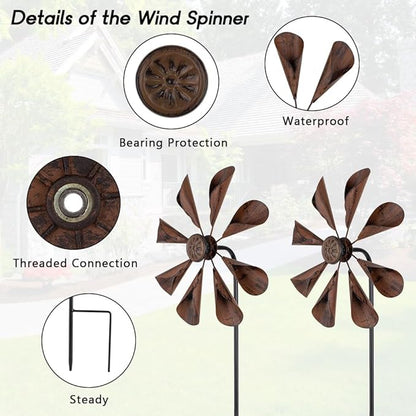 DREAMYSOUL 2 Pack Wind Spinners Outdoor, 10" Dia Metal Pinwheels for Yard and Garden, Kinetic Wind Sculptures & Spinner Outside (Copper)