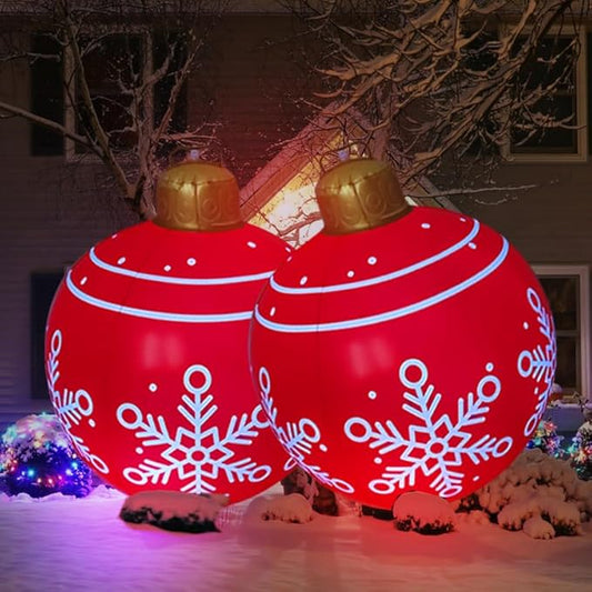 24 inch Inflatable Christmas Balls Ornaments, Christmas Decoration LED Lights with PVC, Giant Xmas Party Supplies, Garden Glow Up Balls with Remotes, Hanging Disco Balls with Snowflake 2PK