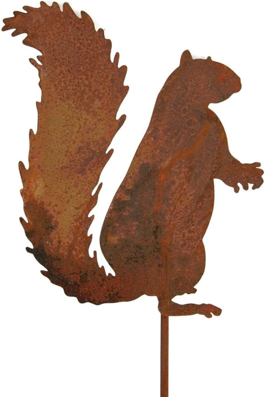 Animal Wildlife Style Steel Rustic or Powder Coated Metal Yard Stake (Squirrel 20" Tall Including Stake, Naturally Rusted)