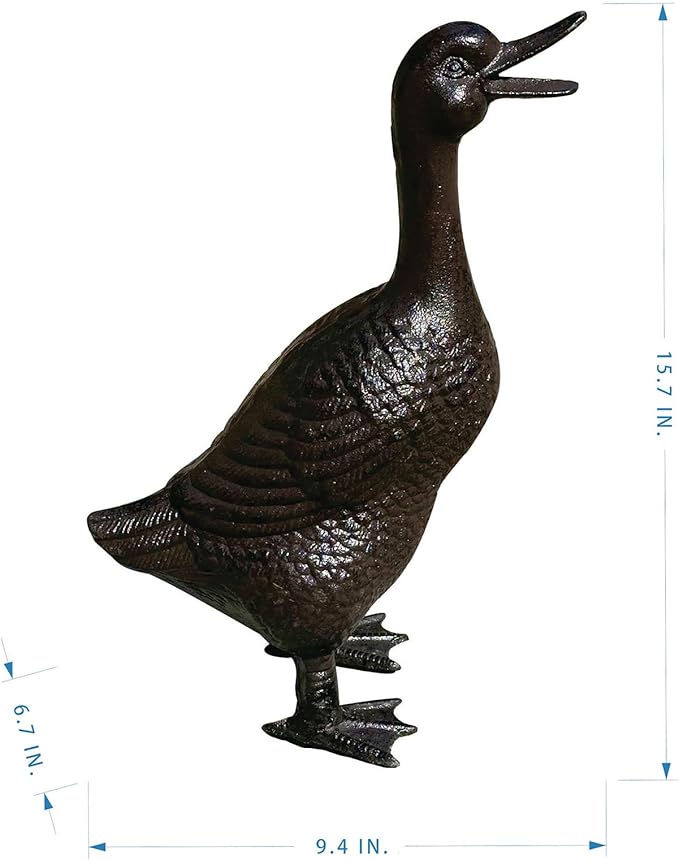 Cast Iron Duck Statue (15.7" Tall) - Heavy Duty Outdoor/Indoor Decor, Rust Brown Garden Art with Lifelike Feather Detailing, Weatherproof Bird Sculpture for Patio, Lawn & Home HC5387