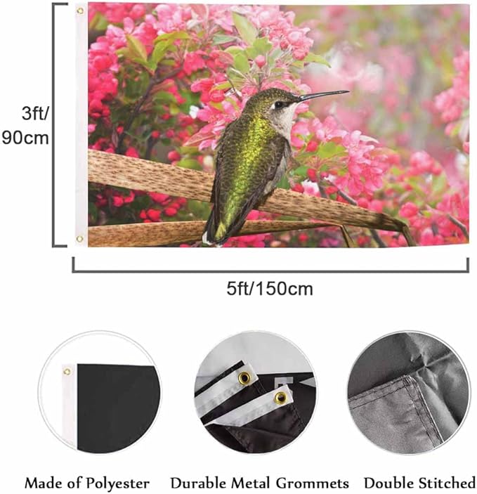 Swono Green-Pink Hummingbird Apple Blossom Pink Floral Flag 3x5 FT Big Flag Outdoor Indoor Office with Brass Grommets